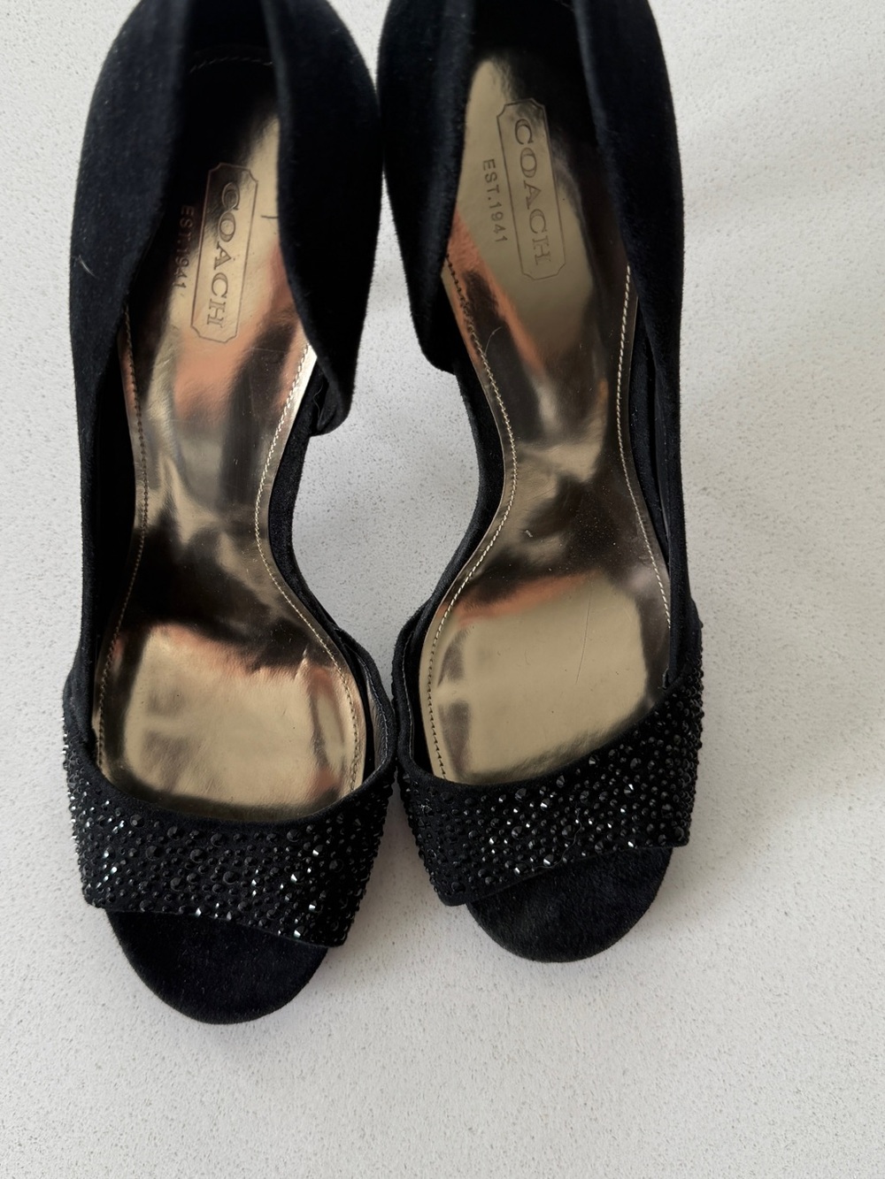 Coach Black Suede Peep-Toe Heels with Crystal Accent